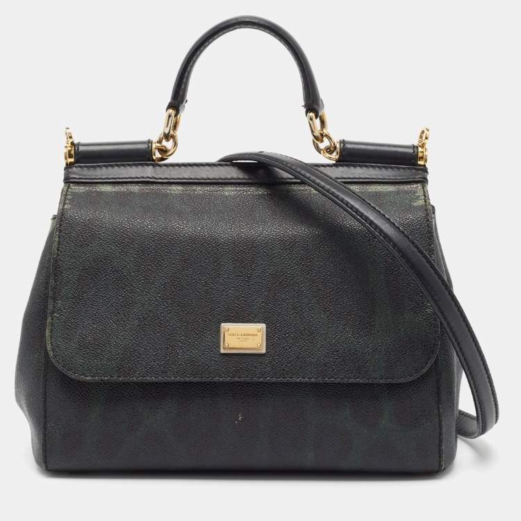 Pre Owned Dolce & Gabbana Green/Black Leopard Print Coated Canvas Medium Miss Sicily Top Handle Bag