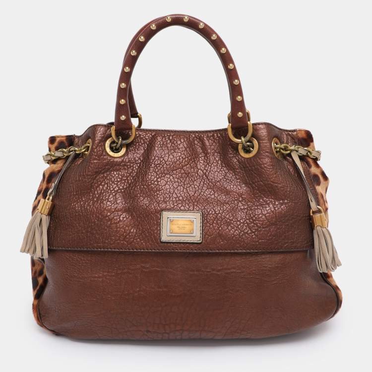 Pre Owned Dolce & Gabbana Brown/Beige Calf Hair and Leather Drawstring Tassel Satchel
