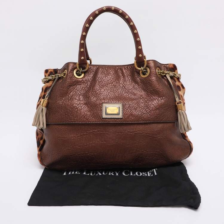 Pre Owned Dolce & Gabbana Brown/Beige Calf Hair and Leather Drawstring Tassel Satchel