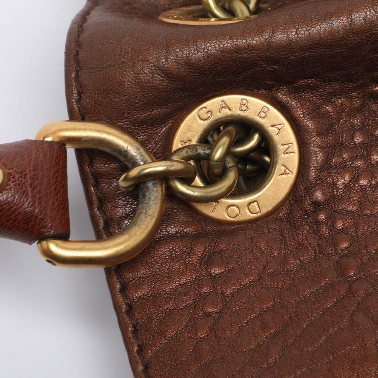 Pre Owned Dolce & Gabbana Brown/Beige Calf Hair and Leather Drawstring Tassel Satchel