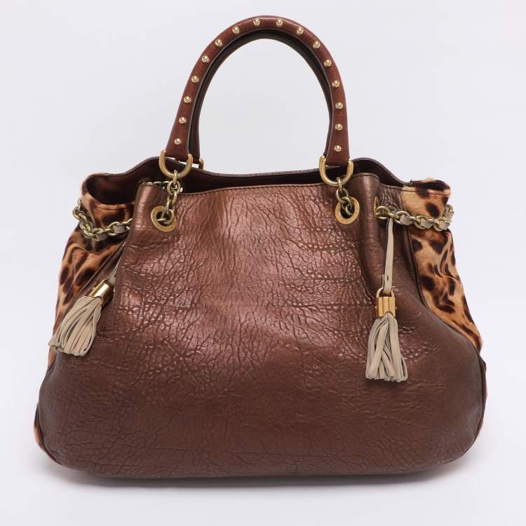 Pre Owned Dolce & Gabbana Brown/Beige Calf Hair and Leather Drawstring Tassel Satchel
