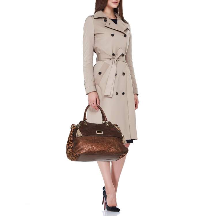 Pre Owned Dolce & Gabbana Brown/Beige Calf Hair and Leather Drawstring Tassel Satchel