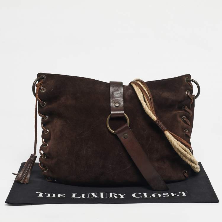 Pre Owned Dolce & Gabbana Dark Brown Leather and Suede Whipstitch Hobo
