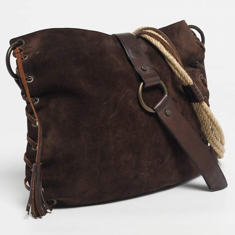 Pre Owned Dolce & Gabbana Dark Brown Leather and Suede Whipstitch Hobo