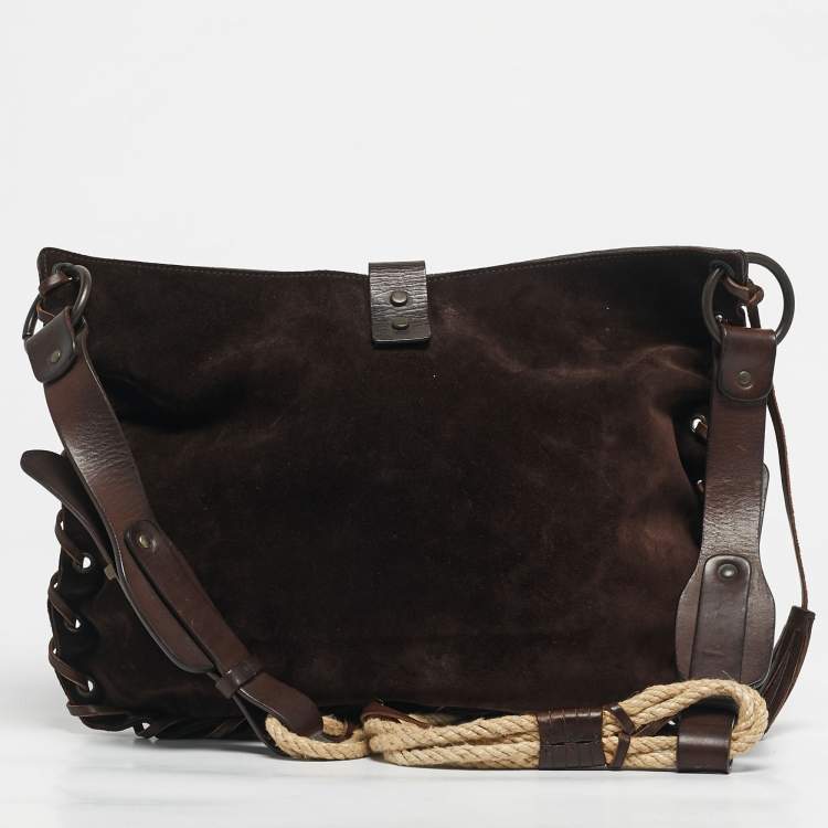 Pre Owned Dolce & Gabbana Dark Brown Leather and Suede Whipstitch Hobo