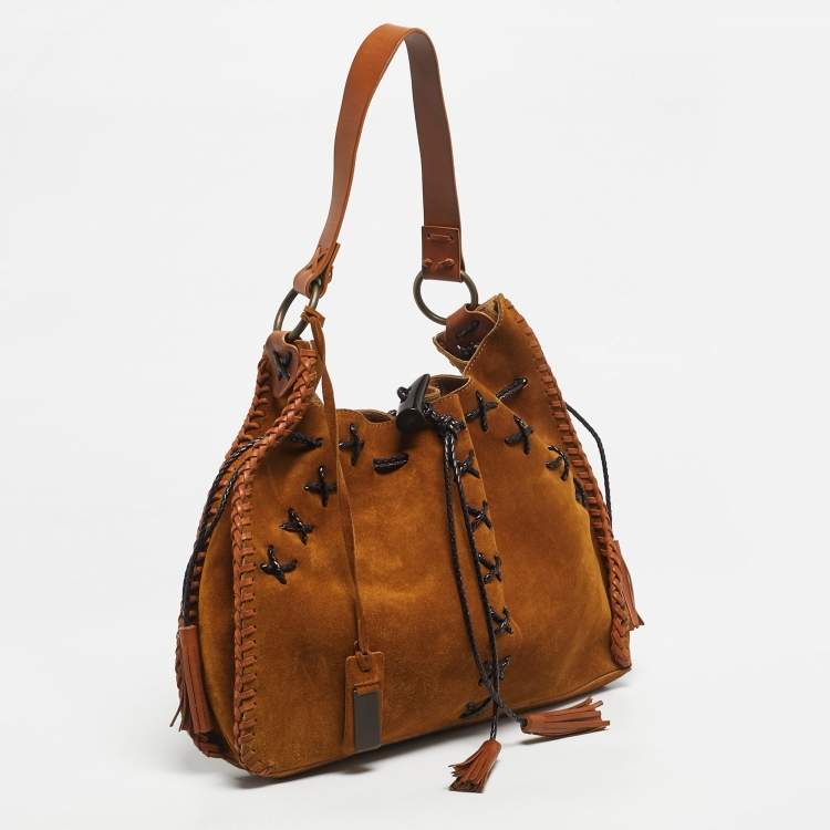 Pre Owned Dolce & Gabbana Tan Leather and Suede Whipstitch Shoulder Bag