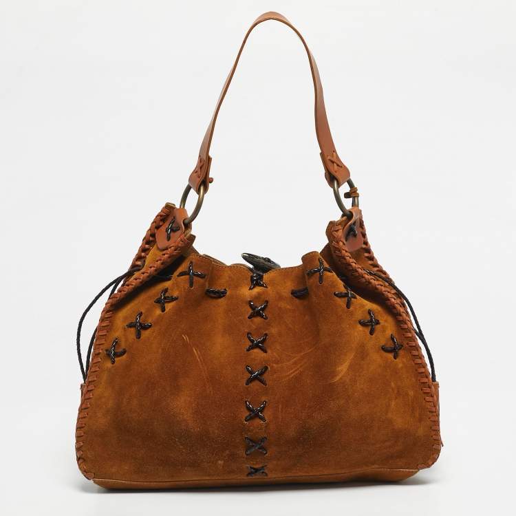 Pre Owned Dolce & Gabbana Tan Leather and Suede Whipstitch Shoulder Bag