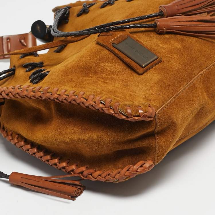 Pre Owned Dolce & Gabbana Tan Leather and Suede Whipstitch Shoulder Bag
