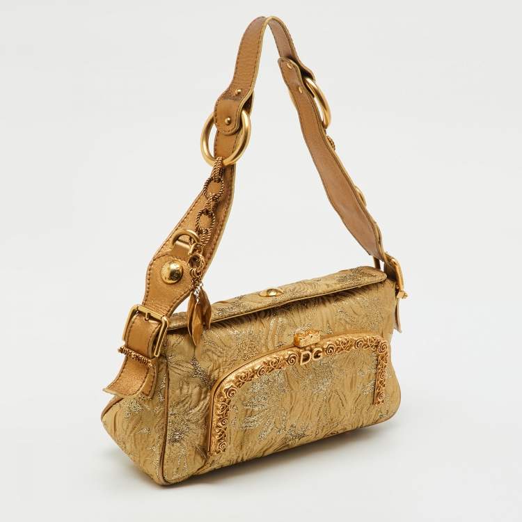 Pre Owned Dolce & Gabbana Gold Brocade Fabric and Leather Frame Pocket Shoulder Bag