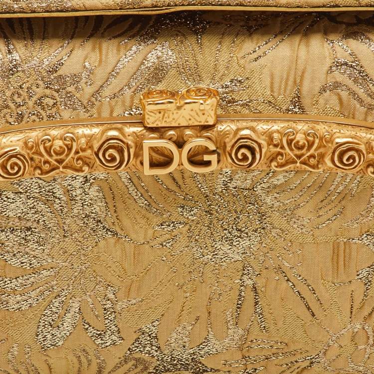 Pre Owned Dolce & Gabbana Gold Brocade Fabric and Leather Frame Pocket Shoulder Bag