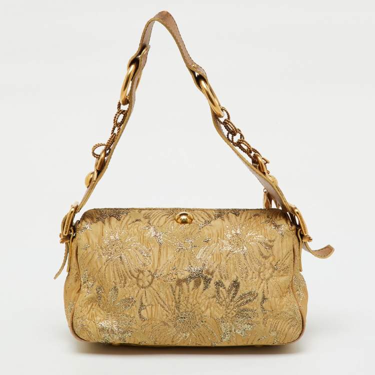 Pre Owned Dolce & Gabbana Gold Brocade Fabric and Leather Frame Pocket Shoulder Bag