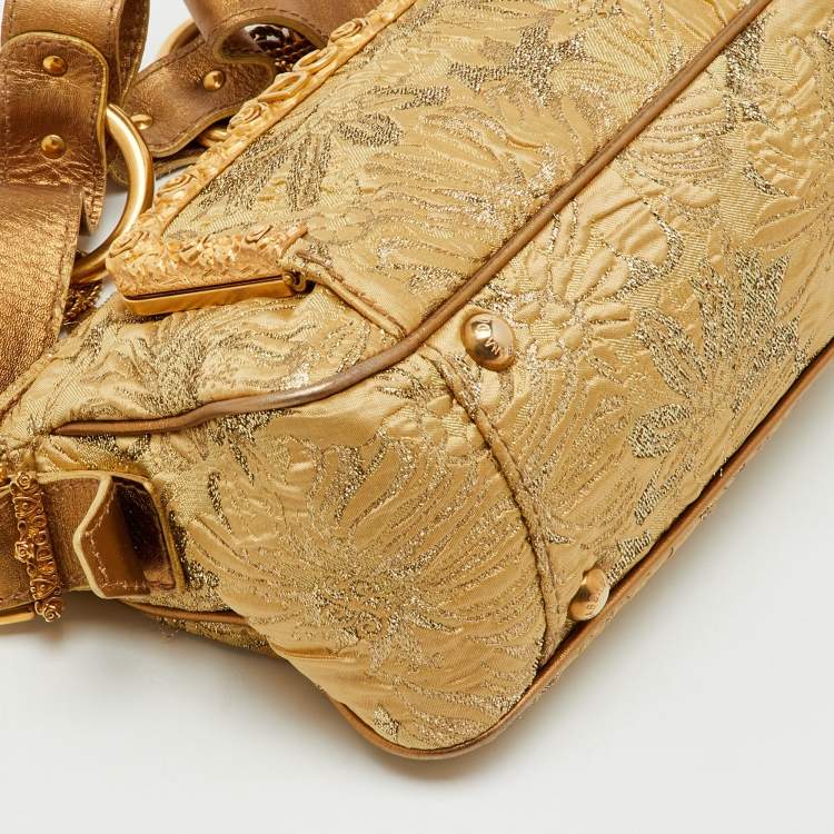 Pre Owned Dolce & Gabbana Gold Brocade Fabric and Leather Frame Pocket Shoulder Bag