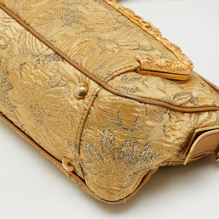 Pre Owned Dolce & Gabbana Gold Brocade Fabric and Leather Frame Pocket Shoulder Bag