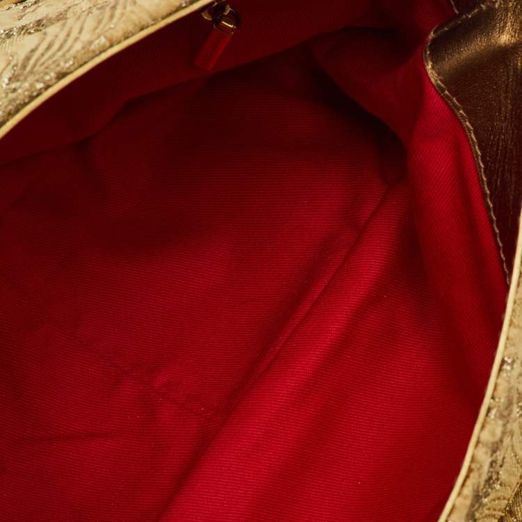 Pre Owned Dolce & Gabbana Gold Brocade Fabric and Leather Frame Pocket Shoulder Bag