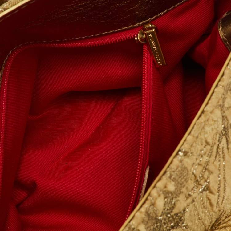 Pre Owned Dolce & Gabbana Gold Brocade Fabric and Leather Frame Pocket Shoulder Bag