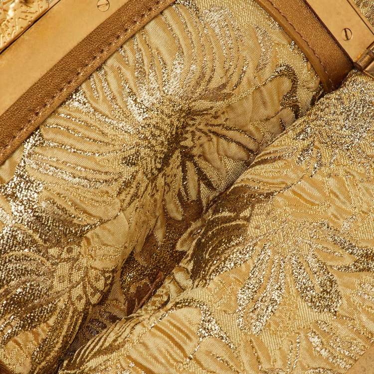 Pre Owned Dolce & Gabbana Gold Brocade Fabric and Leather Frame Pocket Shoulder Bag