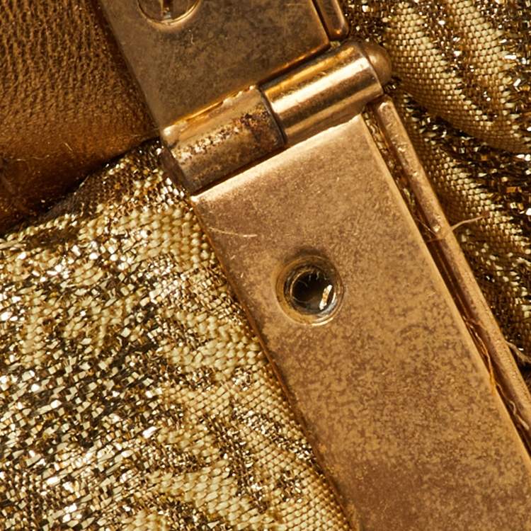 Pre Owned Dolce & Gabbana Gold Brocade Fabric and Leather Frame Pocket Shoulder Bag