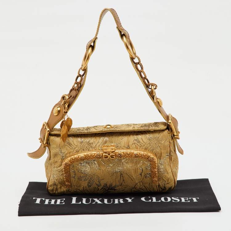 Pre Owned Dolce & Gabbana Gold Brocade Fabric and Leather Frame Pocket Shoulder Bag