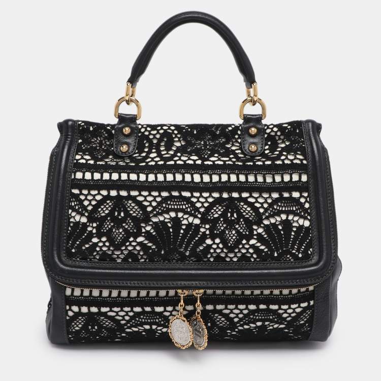 Pre Owned Dolce & Gabbana Black/White Lace and Leather Large Miss Sicily Top Handle Bag