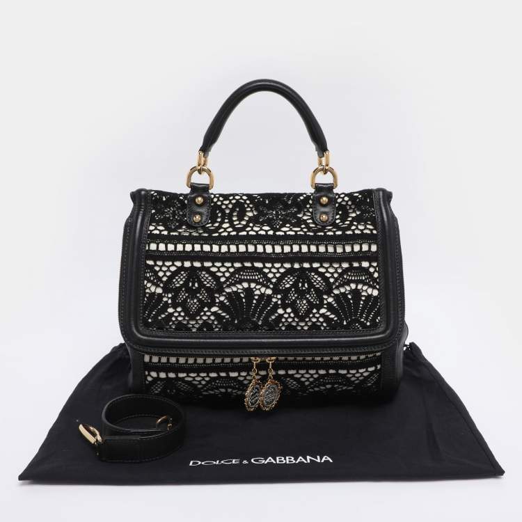 Pre Owned Dolce & Gabbana Black/White Lace and Leather Large Miss Sicily Top Handle Bag