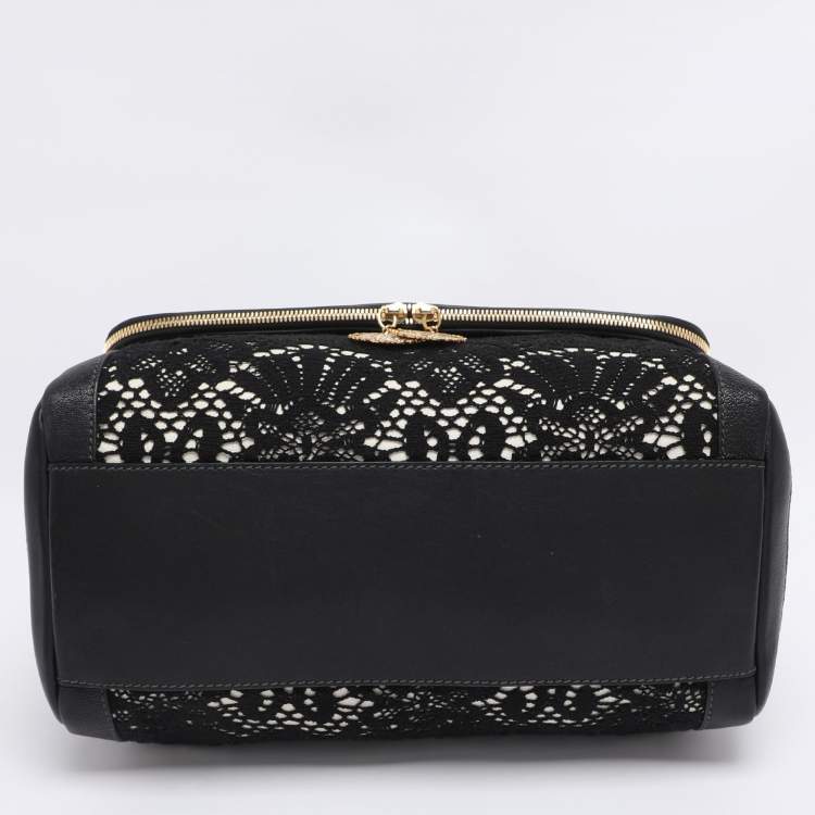 Pre Owned Dolce & Gabbana Black/White Lace and Leather Large Miss Sicily Top Handle Bag