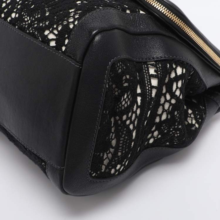 Pre Owned Dolce & Gabbana Black/White Lace and Leather Large Miss Sicily Top Handle Bag