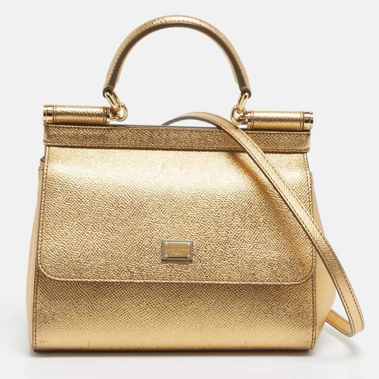 Pre Owned Dolce & Gabbana Gold Leather Small Miss Sicily Top Handle Bag
