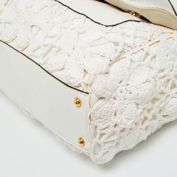 Pre Owned Dolce & Gabbana White Crochet Fabric Large Miss Sicily Top Handle Bag