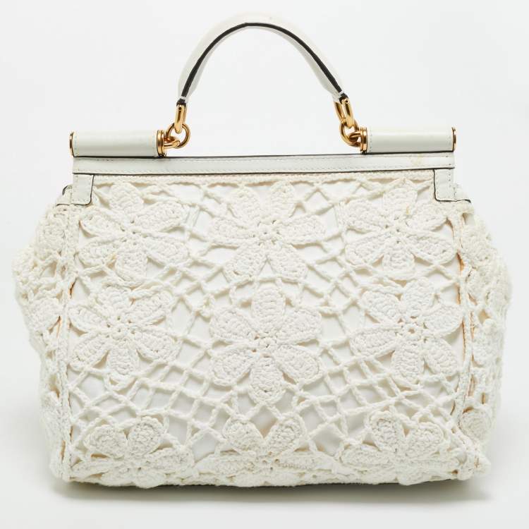 Pre Owned Dolce & Gabbana White Crochet Fabric Large Miss Sicily Top Handle Bag