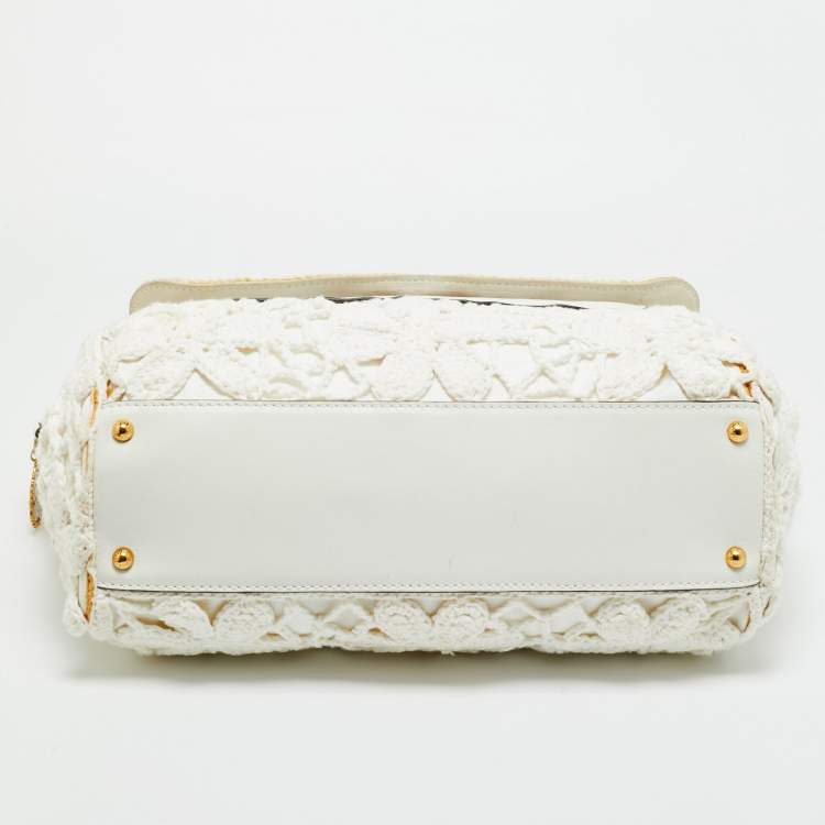 Pre Owned Dolce & Gabbana White Crochet Fabric Large Miss Sicily Top Handle Bag
