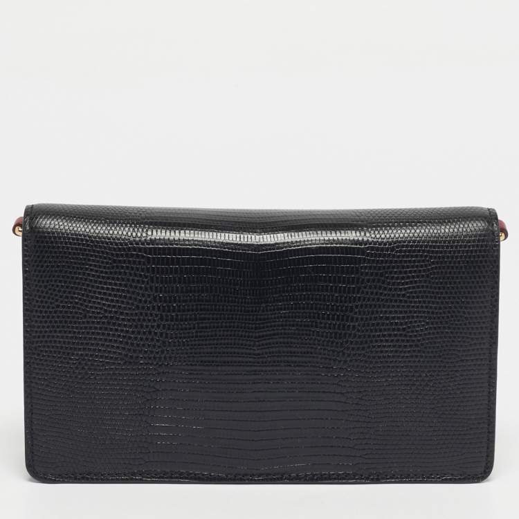 Pre Owned Dolce & Gabbana Black Lizard Embossed Leather Lucia Wallet On Chain