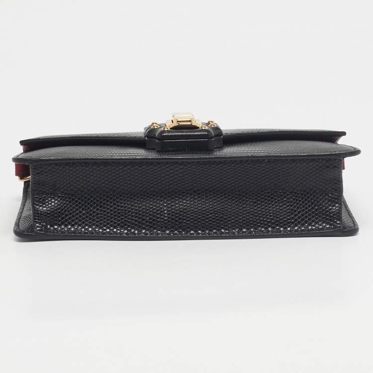 Pre Owned Dolce & Gabbana Black Lizard Embossed Leather Lucia Wallet On Chain