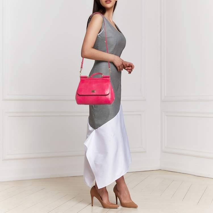 Pre Owned Dolce & Gabbana Fuchsia Lizard Embossed Leather Medium Miss Sicily Top Handle Bag