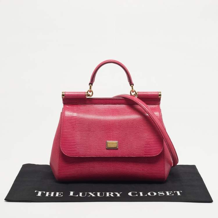 Pre Owned Dolce & Gabbana Fuchsia Lizard Embossed Leather Medium Miss Sicily Top Handle Bag