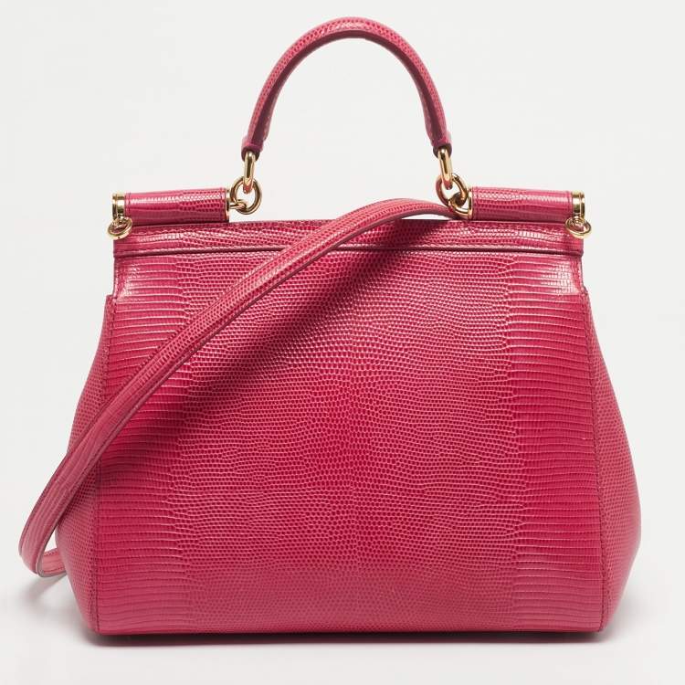 Pre Owned Dolce & Gabbana Fuchsia Lizard Embossed Leather Medium Miss Sicily Top Handle Bag