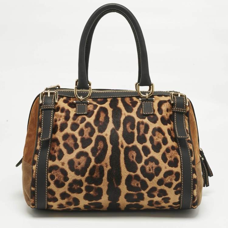 Pre Owned Dolce & Gabbana Brown/Black Leopard Print Calf Hair Miss Easy Way Satchel