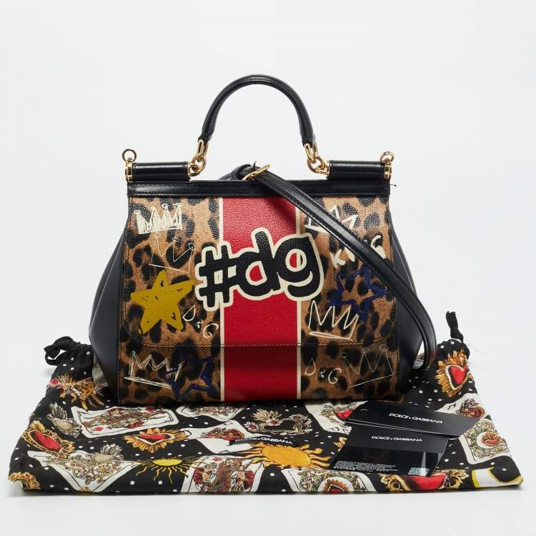 Pre Owned Dolce & Gabbana Multicolor Leopard Print & Graffiti Coated Canvas Medium Miss Sicily Top Handle Bag