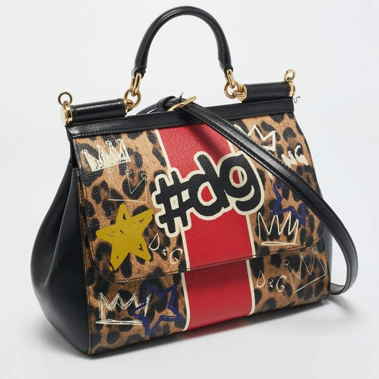 Pre Owned Dolce & Gabbana Multicolor Leopard Print & Graffiti Coated Canvas Medium Miss Sicily Top Handle Bag