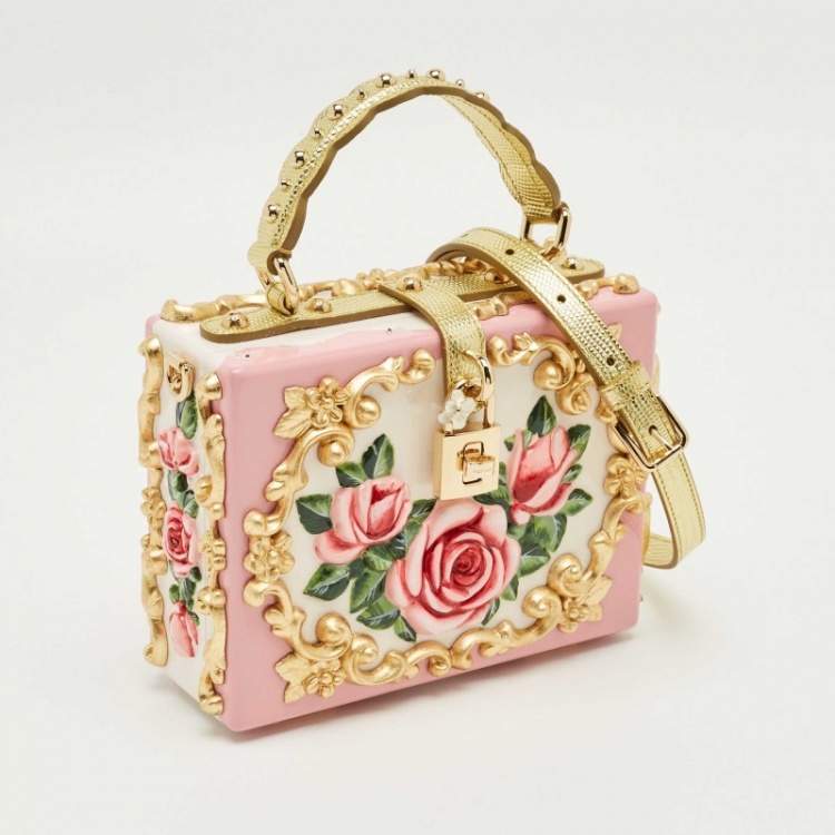 مملوكة مسبقًا Dolce & Gabbana Pink/Gold Roses Baroque Acrylic Dolce Box Top Handle Bag