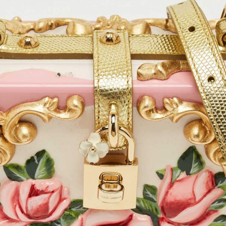 مملوكة مسبقًا Dolce & Gabbana Pink/Gold Roses Baroque Acrylic Dolce Box Top Handle Bag