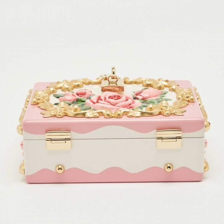 مملوكة مسبقًا Dolce & Gabbana Pink/Gold Roses Baroque Acrylic Dolce Box Top Handle Bag