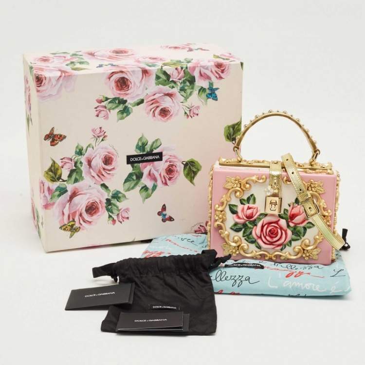 مملوكة مسبقًا Dolce & Gabbana Pink/Gold Roses Baroque Acrylic Dolce Box Top Handle Bag