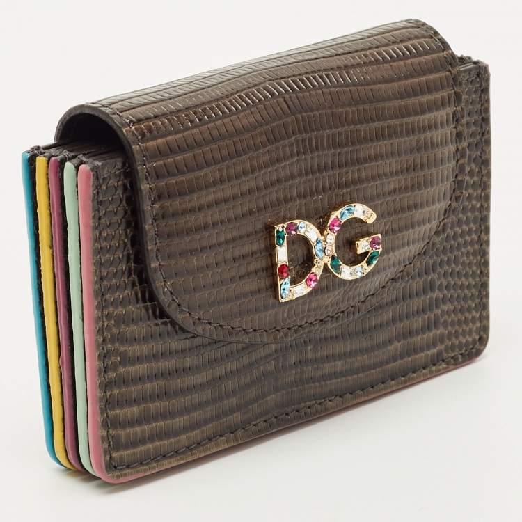 Pre Owned Dolce & Gabbana Grey Lizard Embossed Leather DG Crystals Flap Card Case
