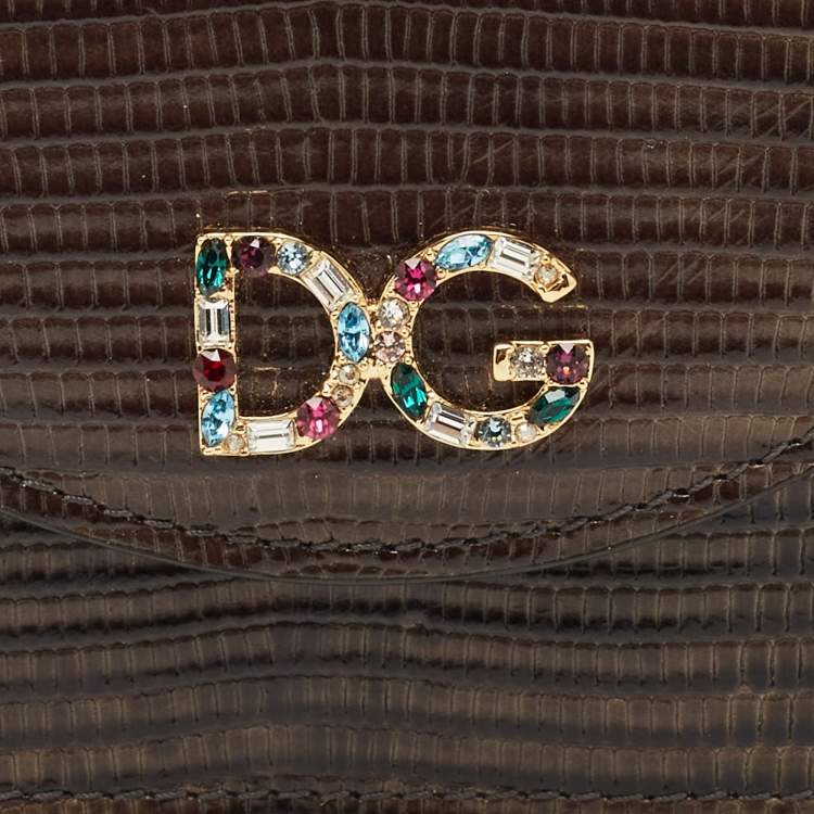 Pre Owned Dolce & Gabbana Grey Lizard Embossed Leather DG Crystals Flap Card Case