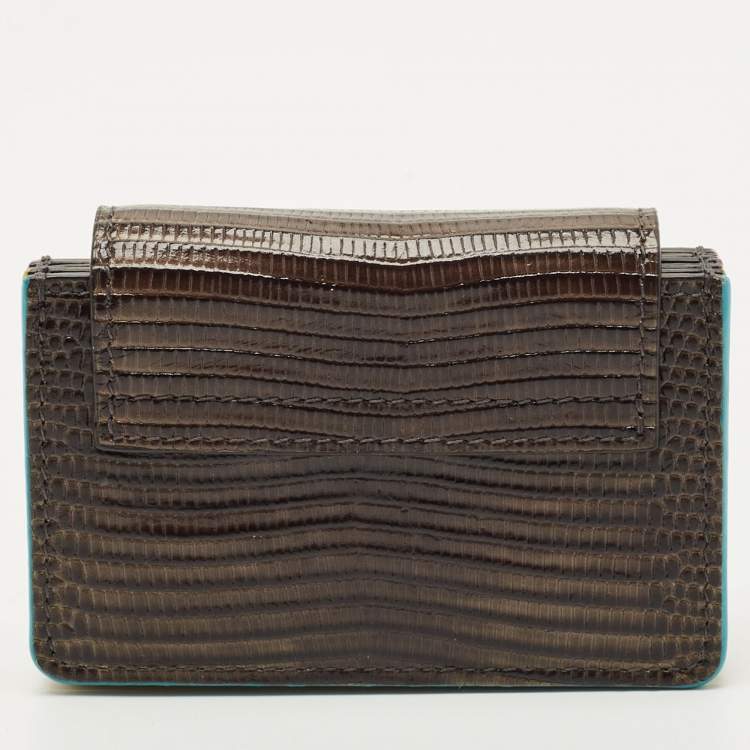 Pre Owned Dolce & Gabbana Grey Lizard Embossed Leather DG Crystals Flap Card Case