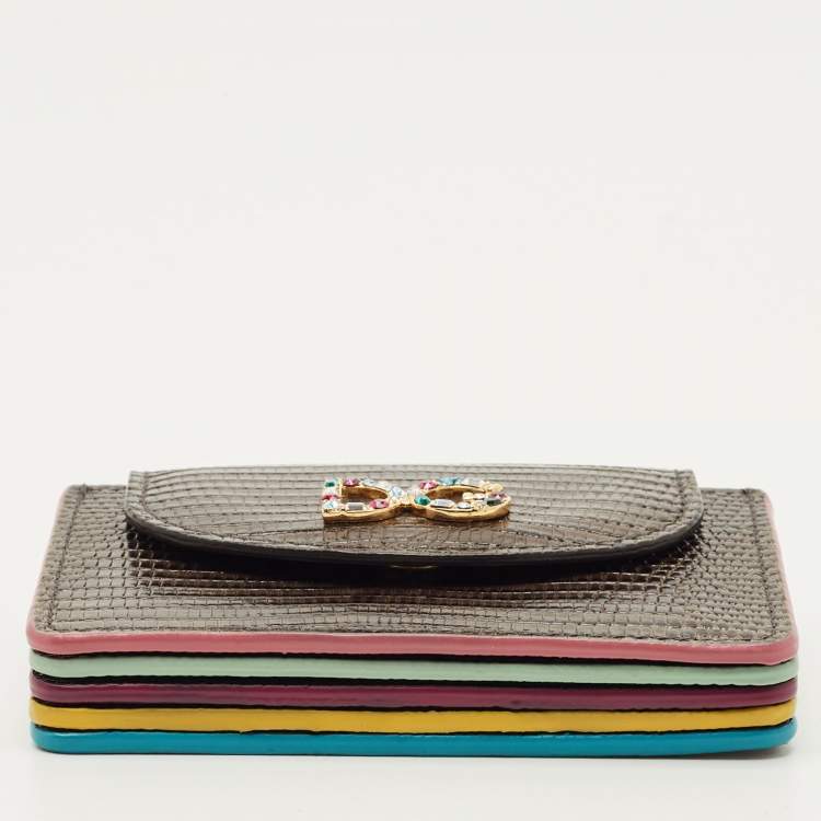 Pre Owned Dolce & Gabbana Grey Lizard Embossed Leather DG Crystals Flap Card Case