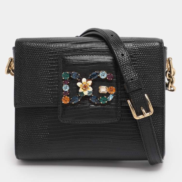 Pre Owned Dolce & Gabbana Black Lizard Embossed Leather DG Millennials Shoulder Bag