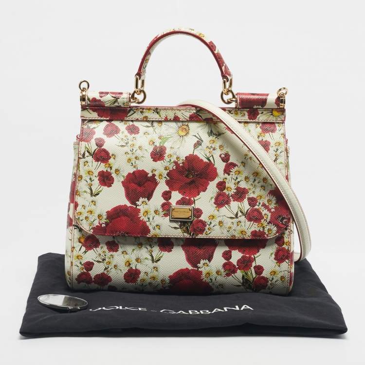 Pre Owned Dolce & Gabbana Red/White Leather Medium Floral Miss Sicily Top Handle Bag