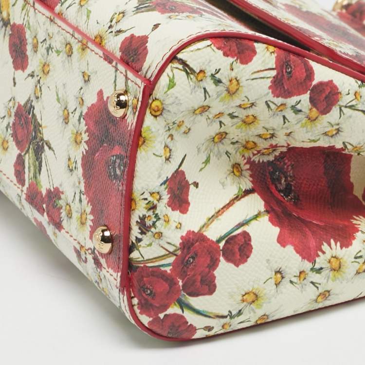 Pre Owned Dolce & Gabbana Red/White Leather Medium Floral Miss Sicily Top Handle Bag