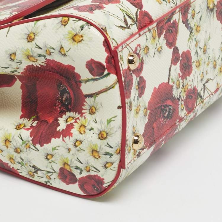 Pre Owned Dolce & Gabbana Red/White Leather Medium Floral Miss Sicily Top Handle Bag